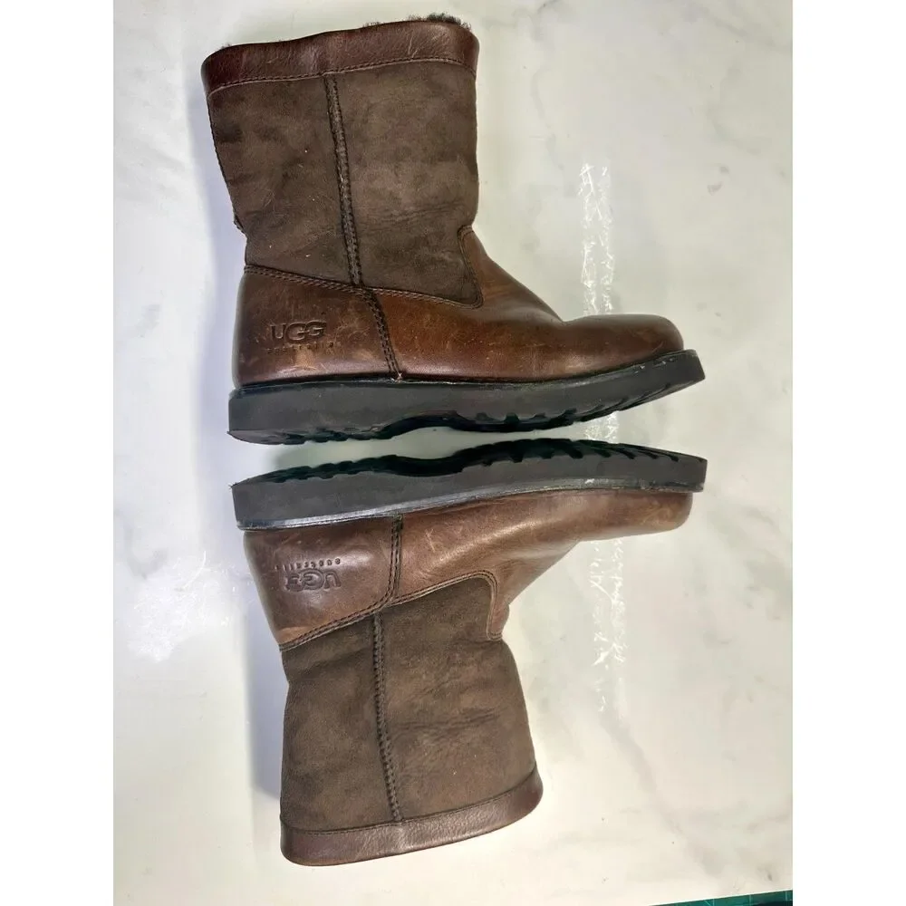 Ugg Australia Brown Leather & Shearling Short Boots, Size 4 5263, Winter Y2K